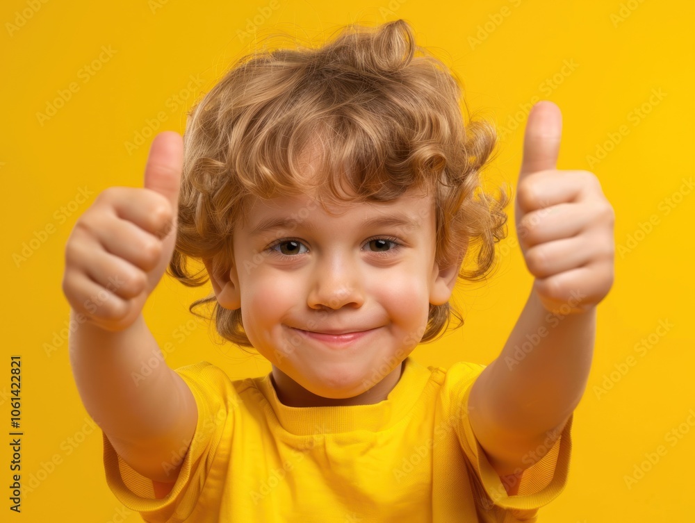 A cheerful child giving thumbs up against a bright yellow background. A cheerful child giving thumbs up against a bright yellow background.