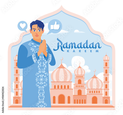 A young man wearing a koko shirt. Standing against the background of the mosque. Ramadan Kareem concept. Flat vector illustration.