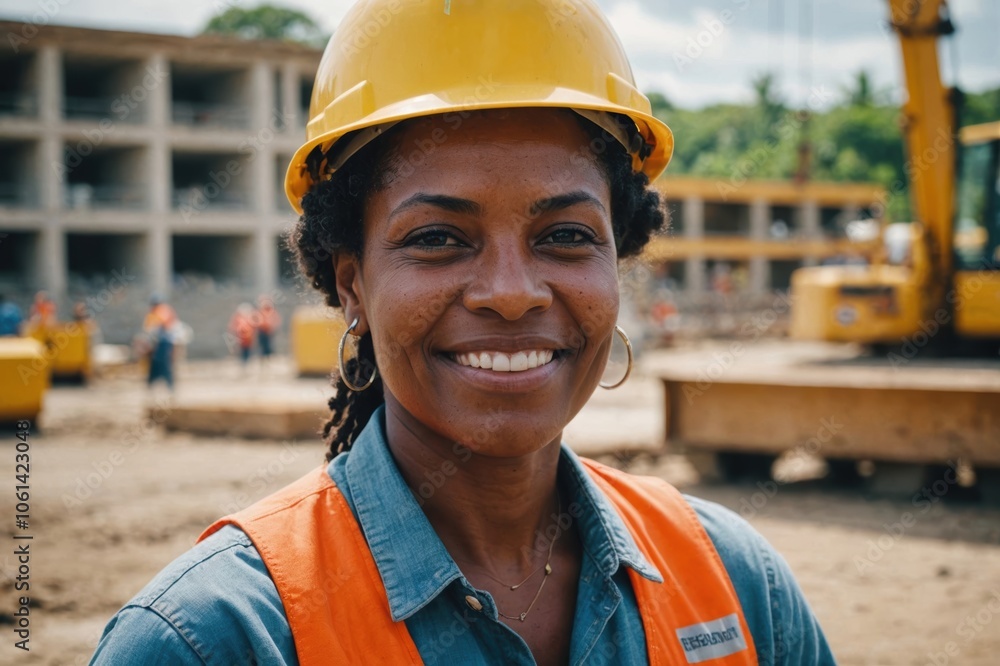 Close portrait of a smiling 40s Barbadian woman construction worker looking at the camera, Barbadian outdoors construction site blurred background Close portrait of a smiling 40s Barbadian woman construction worker looking at the camera, Barbadian outdoors construction site blurred background