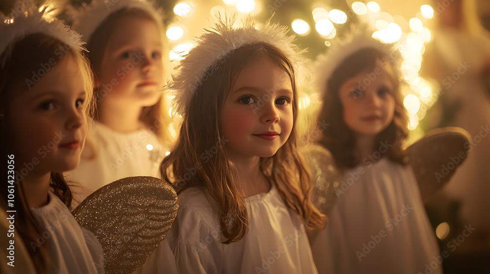 Fototapeta premium A group of children dressed as angels during a Christmas pageant at a local church.