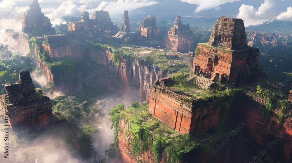 Fototapeta premium Majestic Ruins Amidst Cascading Waterfalls and Lush Foliage