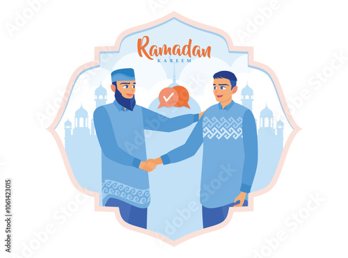 Two Muslim men smile at each other and shake hands. Celebrating victory day. Ramadan Kareem concept. Flat vector illustration.