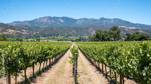 Vineyard Rows Leading to Distant Mountain Range