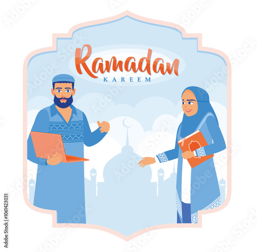 Men carry laptops, women carry Korans. Learn to read the Koran together. Ramadan Kareem concept. Flat vector illustration.