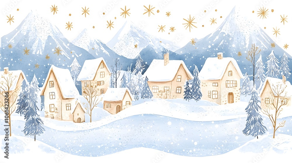 Fototapeta premium Snowy Village in Idyllic Winter Landscape