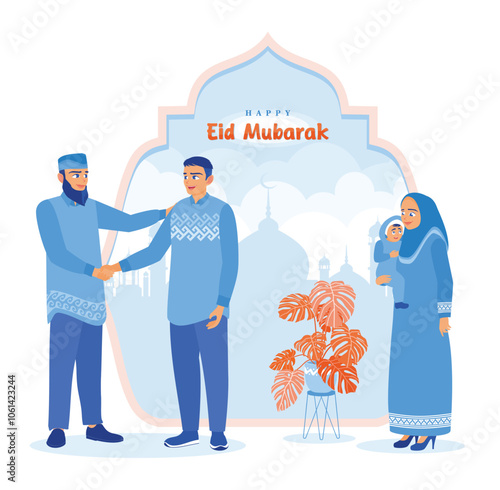 Muslim men shake hands with each other. Islamic woman holding her daughter. Ramadan Kareem concept. Flat vector illustration.