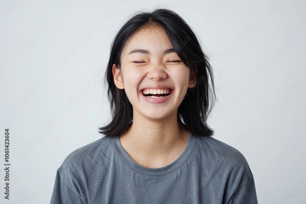 Young Asian woman laughing joyfully in studio photoshoot. Young Asian woman laughing joyfully in studio photoshoot.