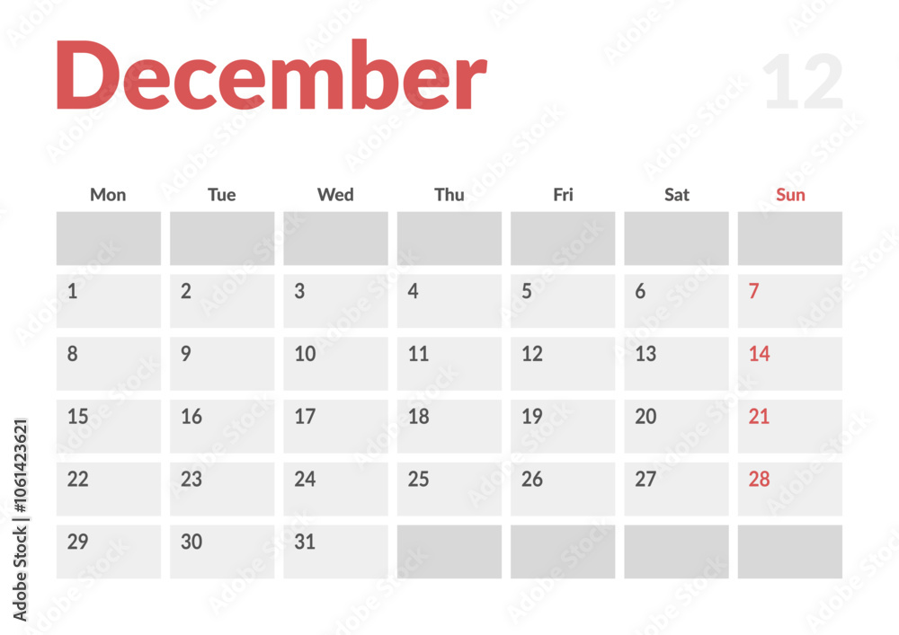 Monthly page Calendar Planner Template of December 2025. Vector layout of calendar with week start Monday for Scheduling. Page for size A4 or 21x29.7 cm Monthly page Calendar Planner Template of December 2025. Vector layout of calendar with week start Monday for Scheduling. Page for size A4 or 21x29.7 cm
