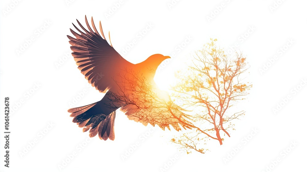 Obraz premium A Double Exposure Image of a Bird in Flight Overlapping a Tree Branch