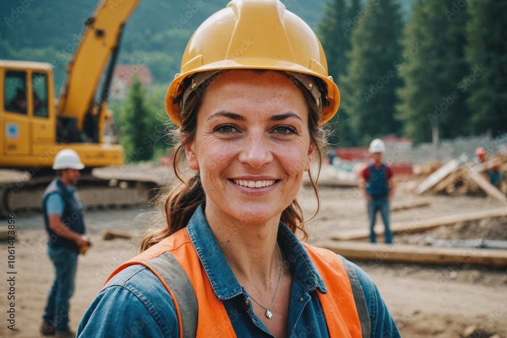 Close portrait of a smiling 40s Bosnian woman construction worker looking at the camera, Bosnian outdoors construction site blurred background Close portrait of a smiling 40s Bosnian woman construction worker looking at the camera, Bosnian outdoors construction site blurred background