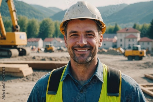 Close portrait of a smiling 40s Bosnian man construction worker looking at the camera, Bosnian outdoors construction site blurred background photo