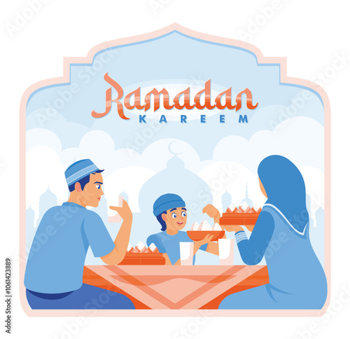 Muslim family sitting together at the dining table. Eating together after a day of fasting. Ramadan Kareem concept. Flat vector illustration.