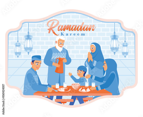 Muslim families break the fast together. Father, mother, son, grandfather, and grandmother gather together at the dining table. Ramadan Kareem concept. Flat vector illustration.