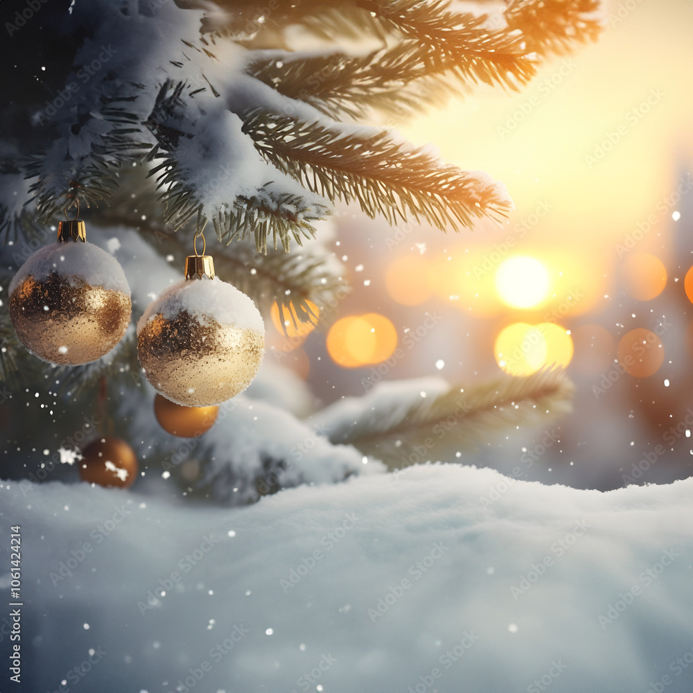 Fototapeta premium Hanging golden Christmas balls on spruce and fir branches with snow covered surface inside a winter forest and golden backlight in the background.
