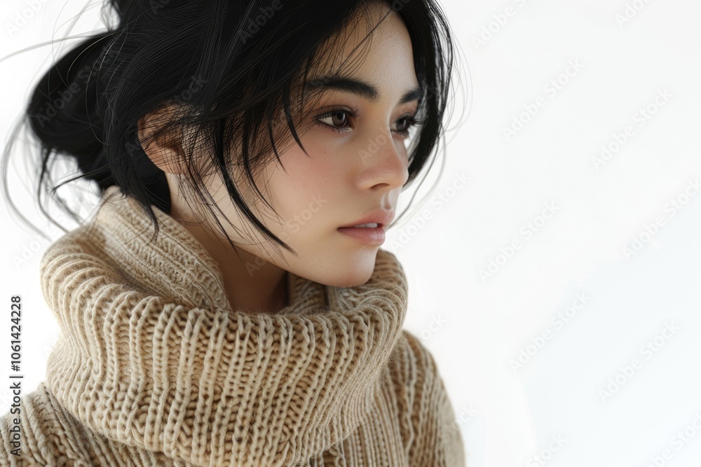 Asian woman in sweater looks away from advertisement. Asian woman in sweater looks away from advertisement.