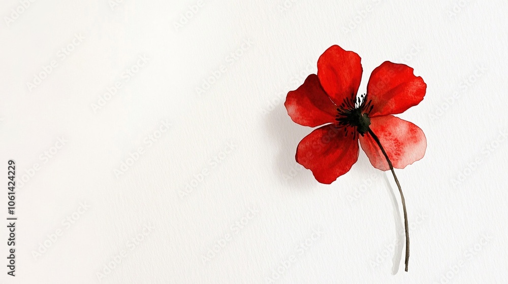 A Delicate Touch: A Single Small Red Wildflower in Watercolor on a Pristine White Background A Delicate Touch: A Single Small Red Wildflower in Watercolor on a Pristine White Background