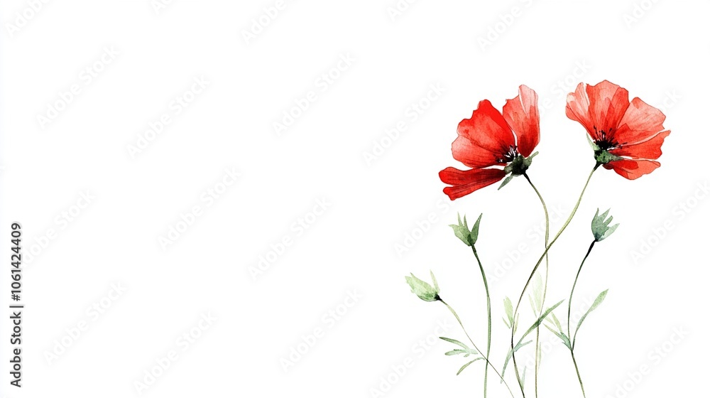 A Delicate Touch: A Single Small Red Wildflower in Watercolor on a Pristine White Background A Delicate Touch: A Single Small Red Wildflower in Watercolor on a Pristine White Background