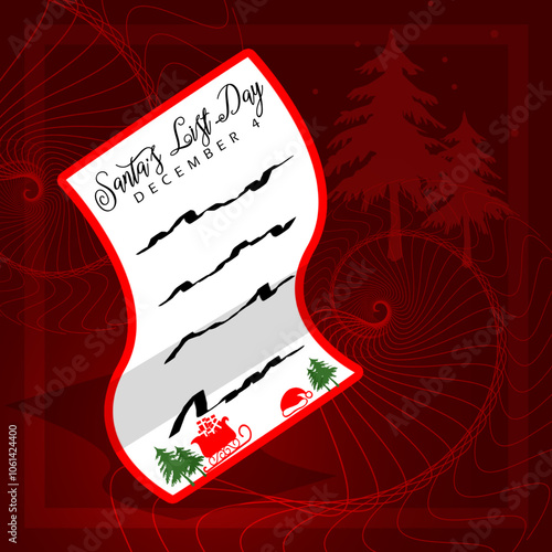 Santa's List Day to celebrate on December 4th. Letter containing a list of wishes to Santa on dark red background.