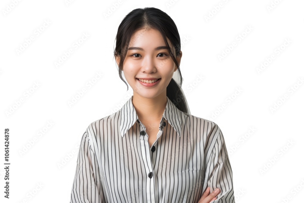 Happy Asian girl in office attire smiles sweetly. Happy Asian girl in office attire smiles sweetly.