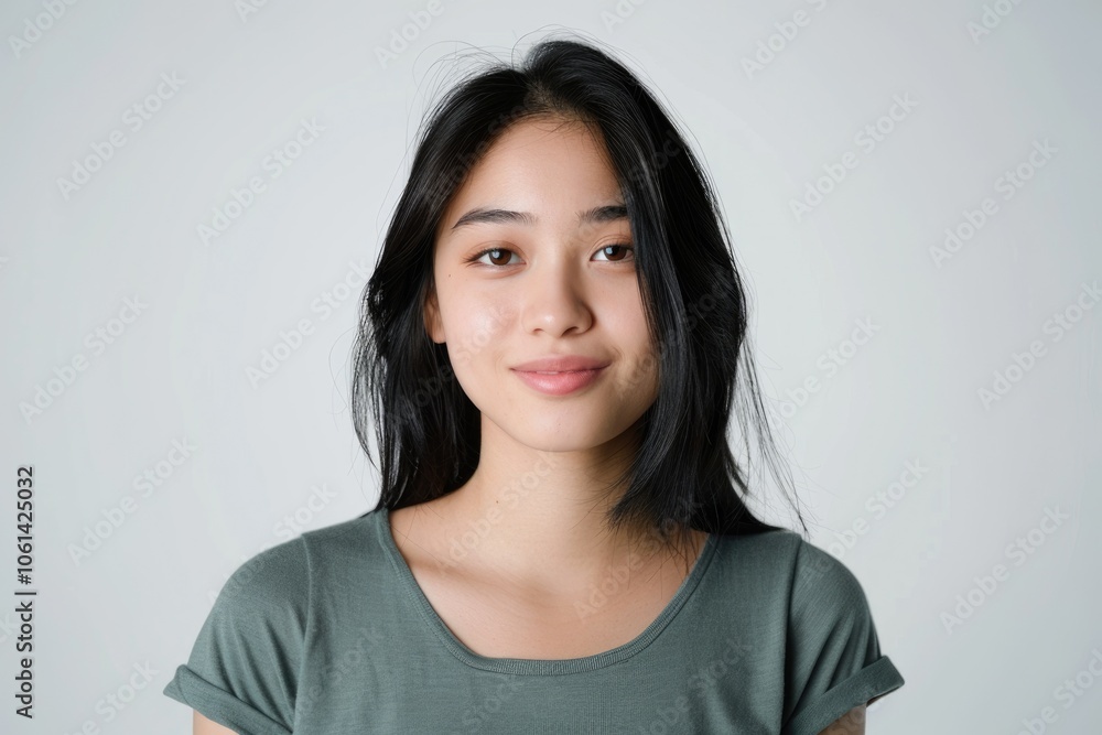 Smiling Asian woman poses in studio for camera. Smiling Asian woman poses in studio for camera.