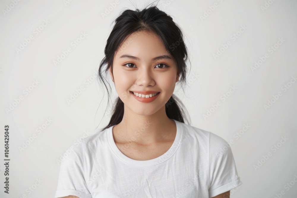 Smiling Asian woman poses in studio for camera. Smiling Asian woman poses in studio for camera.