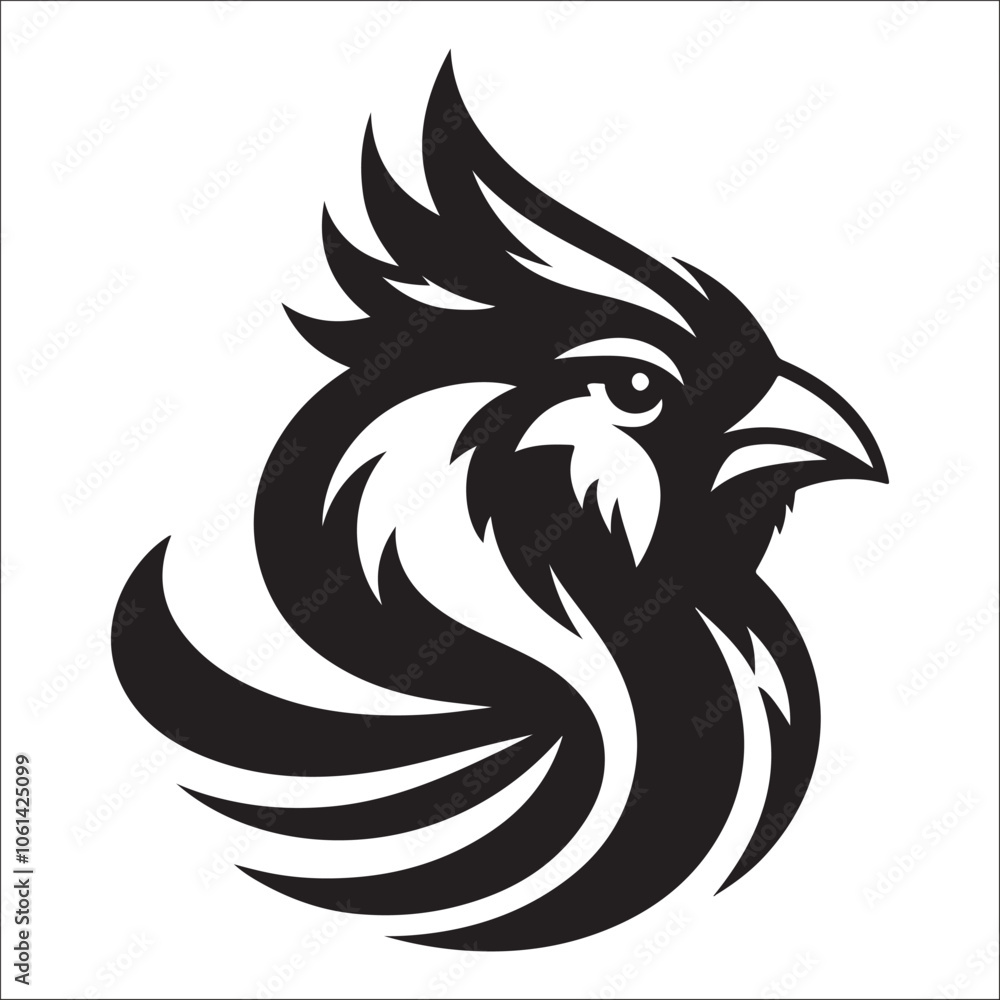 Fototapeta premium Cardinal bird head mascot logo, stylized redbird profile vector illustration, black and white songbird icon with sharp crest, avian sports team emblem eps for branding and apparel printing.