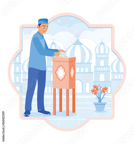 Muslim man giving charity at the mosque. Put money in the charity box. Ramadan Kareem concept. Flat vector illustration.