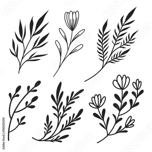 Elegant black and white floral elements with a minimalist style, perfect for nature-inspired designs, invitations, and decorative prints. Simple, hand-drawn botanical lineart illustrations