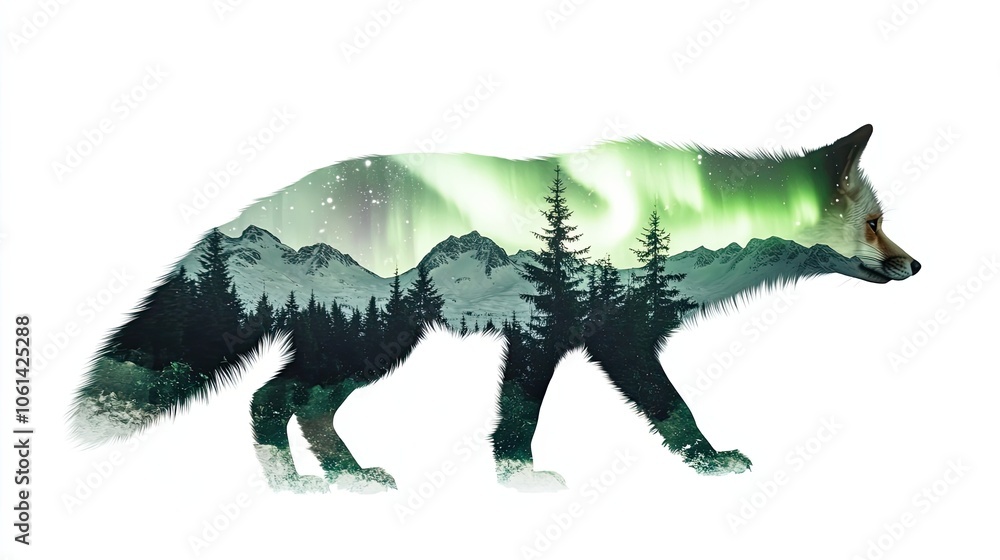 Silhouette of a Fox with a Northern Lights Landscape Inside Silhouette of a Fox with a Northern Lights Landscape Inside