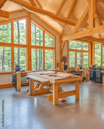 A spacious woodworking shop with large windows and natural light.