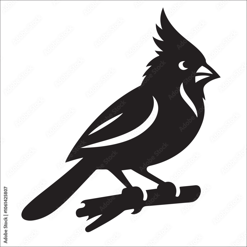 Fototapeta premium Northern cardinal bird silhouette vector illustration, black songbird icon perched on a branch, minimalist avian wildlife graphic element, isolated red cardinal profile for nature branding.