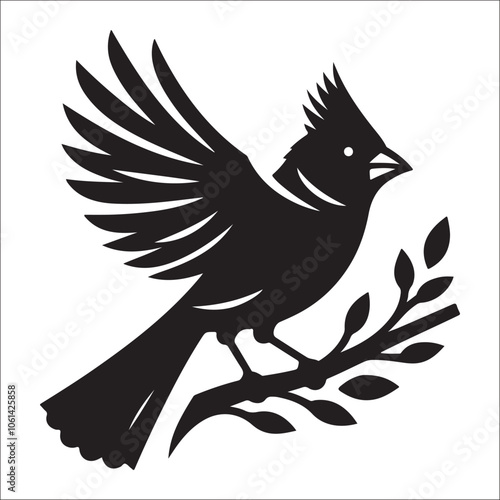 Cardinal bird silhouette vector illustration, black northern cardinal icon on tree branch with leaves, minimalist songbird graphic for nature branding, elegant avian wildlife eps art element.
