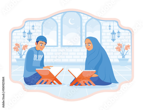 Muslim couple welcomes the holy month of Ramadan. Read the Koran together at home. Ramadan Kareem concept. Flat vector illustration.