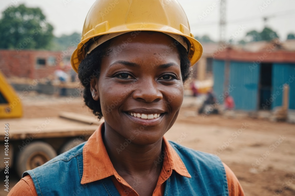 Close portrait of a smiling 40s Congolese woman construction worker looking at the camera, Congolese outdoors construction site blurred background Close portrait of a smiling 40s Congolese woman construction worker looking at the camera, Congolese outdoors construction site blurred background