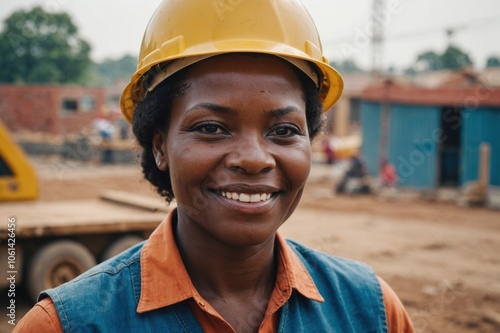 Close portrait of a smiling 40s Congolese woman construction worker looking at the camera, Congolese outdoors construction site blurred background photo