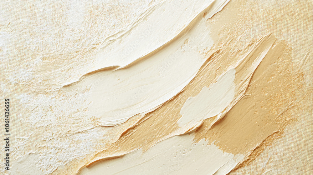 Obraz premium Modern art painting with acrylic brushstrokes on a beige and white canvas, creating an abstract texture with plenty of space for text or images.