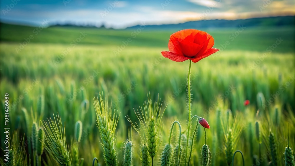 Isolated Red Poppy Flower in Green Crop Field - Urban Exploration Photography, Nature, Wildflower, Landscape, Isolated Beauty, Nature Photography, Agricultural Serenity, Floral Contrast Isolated Red Poppy Flower in Green Crop Field - Urban Exploration Photography, Nature, Wildflower, Landscape, Isolated Beauty, Nature Photography, Agricultural Serenity, Floral Contrast