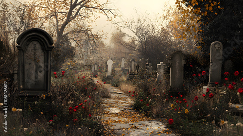 A haunted cemetery overgrown with dry flowers and weeds.