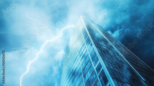 A Skyscraper Under a Stormy Sky with Lightning