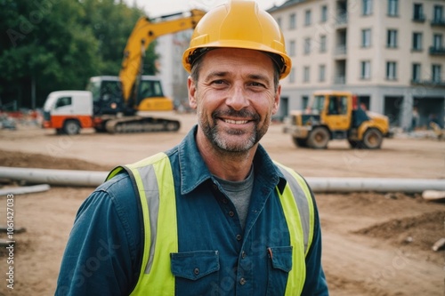 Close portrait of a smiling 40s Czech man construction worker looking at the camera, Czech outdoors construction site blurred background