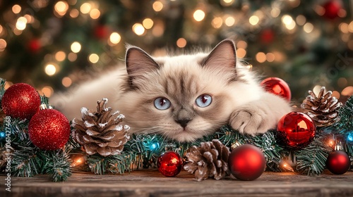 cat and christmas tree, realistic, photo, warm, commercial photography