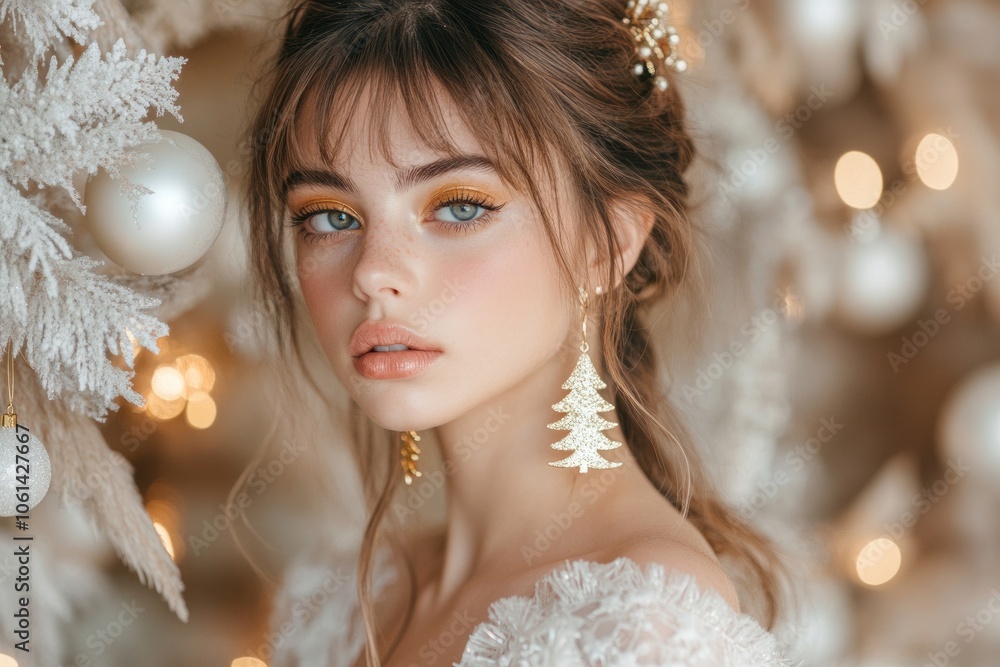 Brown-haired woman in white dress with golden eye makeup and Christmas tree earrings, white Christmas tree with gold bokeh on background. Concept: New Year, fashion, Advertising photo Brown-haired woman in white dress with golden eye makeup and Christmas tree earrings, white Christmas tree with gold bokeh on background. Concept: New Year, fashion, Advertising photo