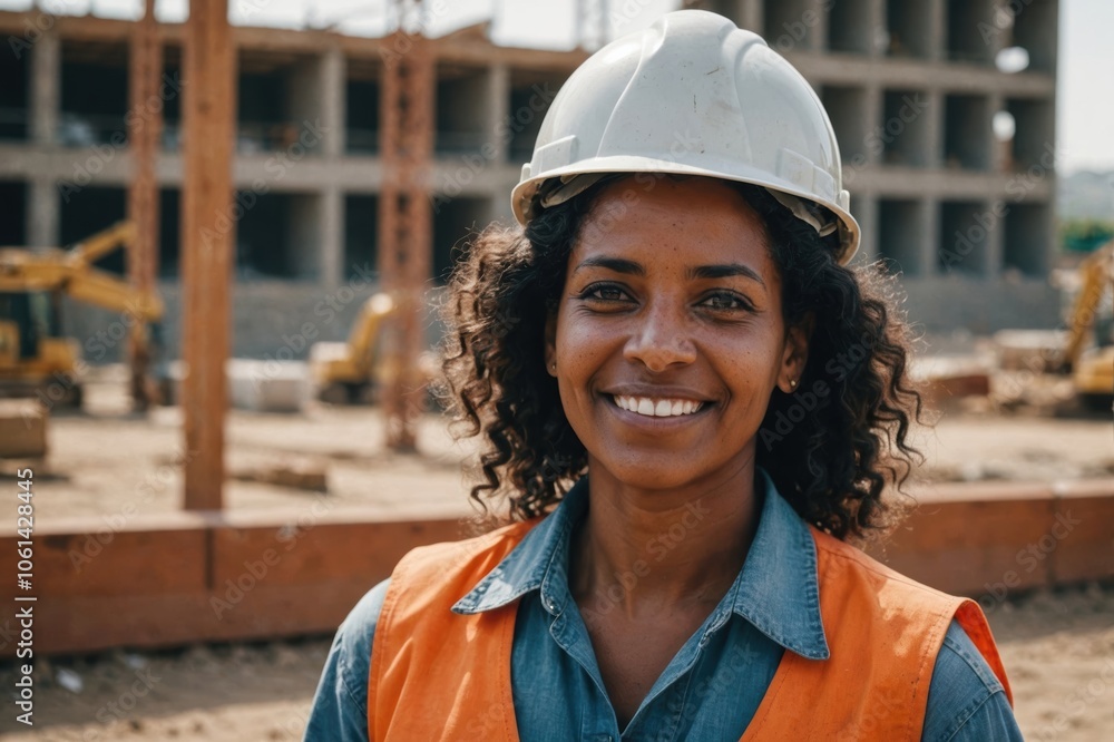Close portrait of a smiling 40s Eritrean woman construction worker looking at the camera, Eritrean outdoors construction site blurred background Close portrait of a smiling 40s Eritrean woman construction worker looking at the camera, Eritrean outdoors construction site blurred background