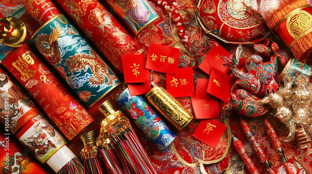 Fototapeta premium Traditional Chinese Flat Lay Arrangement with Colorful Décor