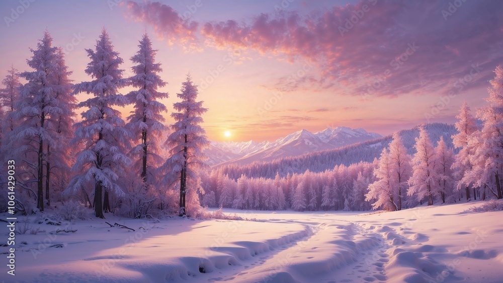 Snowy winter landscape at sunrise with frosted trees and majestic mountains Snowy winter landscape at sunrise with frosted trees and majestic mountains