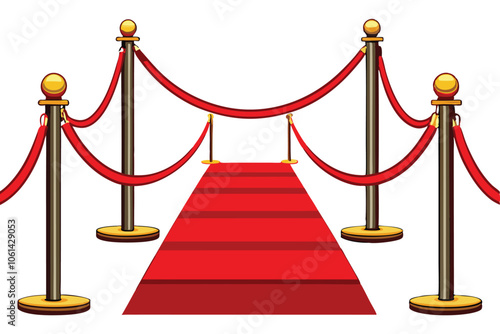 Elegant Red Carpet Stanchions with Velvet Ropes Isolated on White Background for VIP Events.