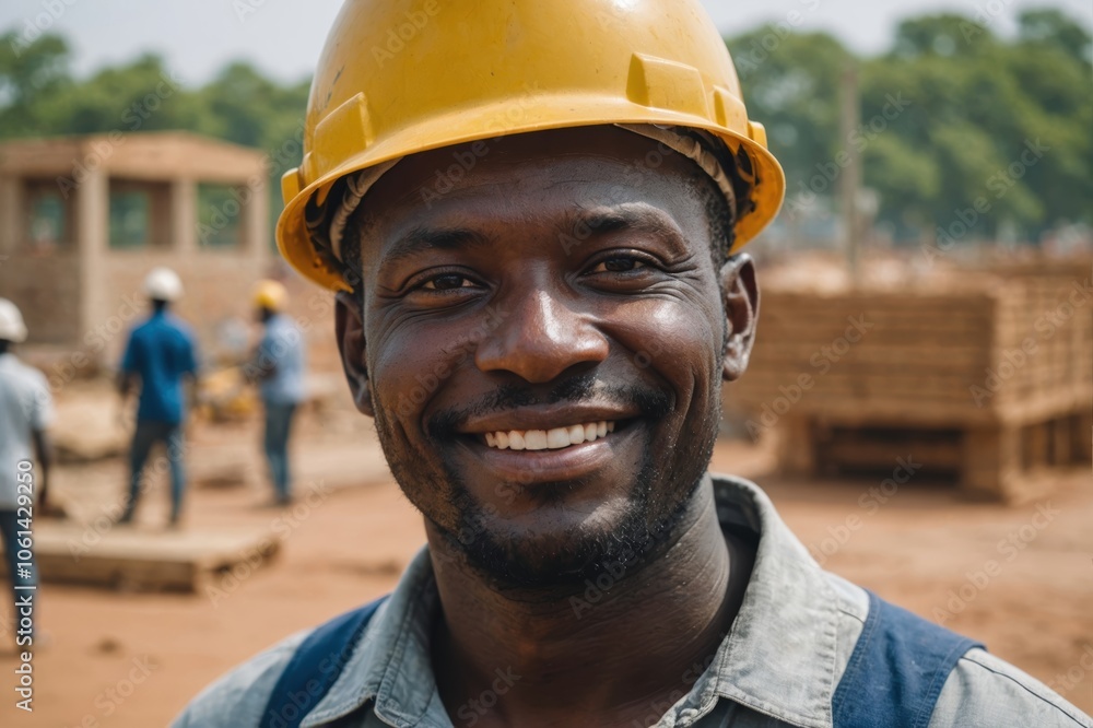 Close portrait of a smiling 40s Gambian man construction worker looking at the camera, Gambian outdoors construction site blurred background Close portrait of a smiling 40s Gambian man construction worker looking at the camera, Gambian outdoors construction site blurred background
