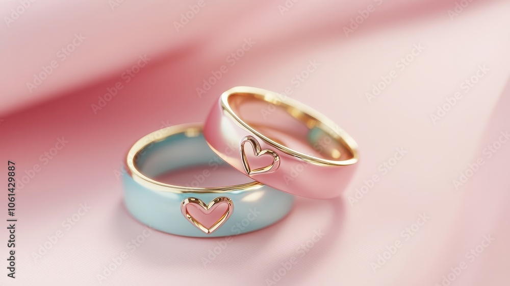 Matching Heart-Shaped Rings on Soft Pink Background Matching Heart-Shaped Rings on Soft Pink Background