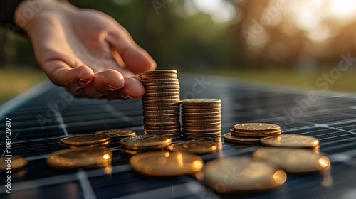 Solar Energy Cost Savings Concept with Hand Holding Coins and Solar Panels Against Clear Blue Sky