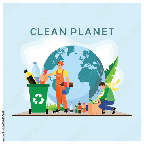 People recycle waste. Save the earth from trash. Earth Day concept. Flat vector illustration.